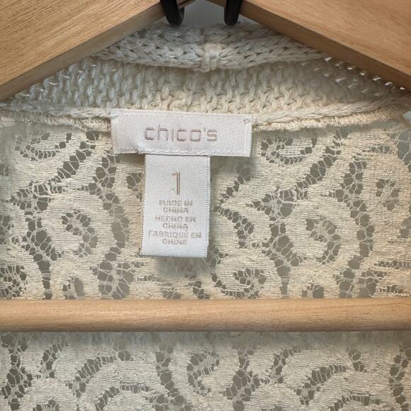 Chico's 1 Sz M Longline Lace Back Long Duster Sweater Cardigan Jacket Lattice - Picture 4 of 6